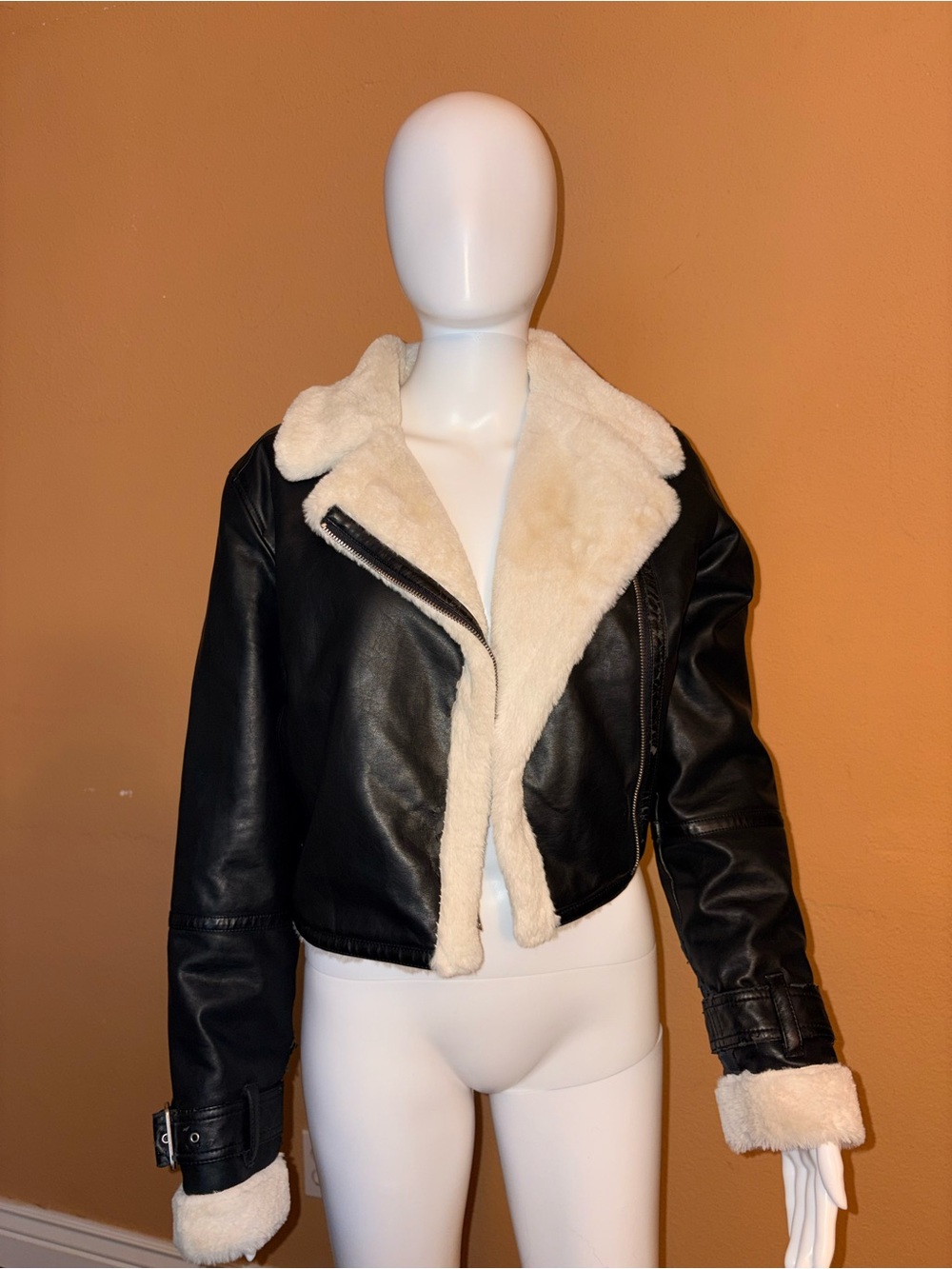 Hollister Heather Gray Long Sleeve Crop Top Leather Jacket | Size S